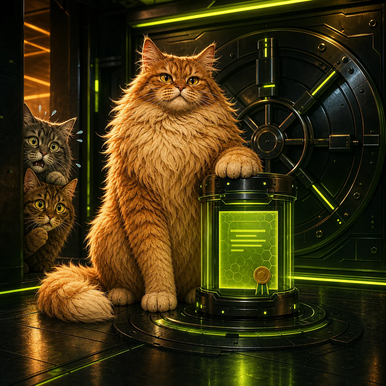 Gus guarding a glowing contract inside a neon vault