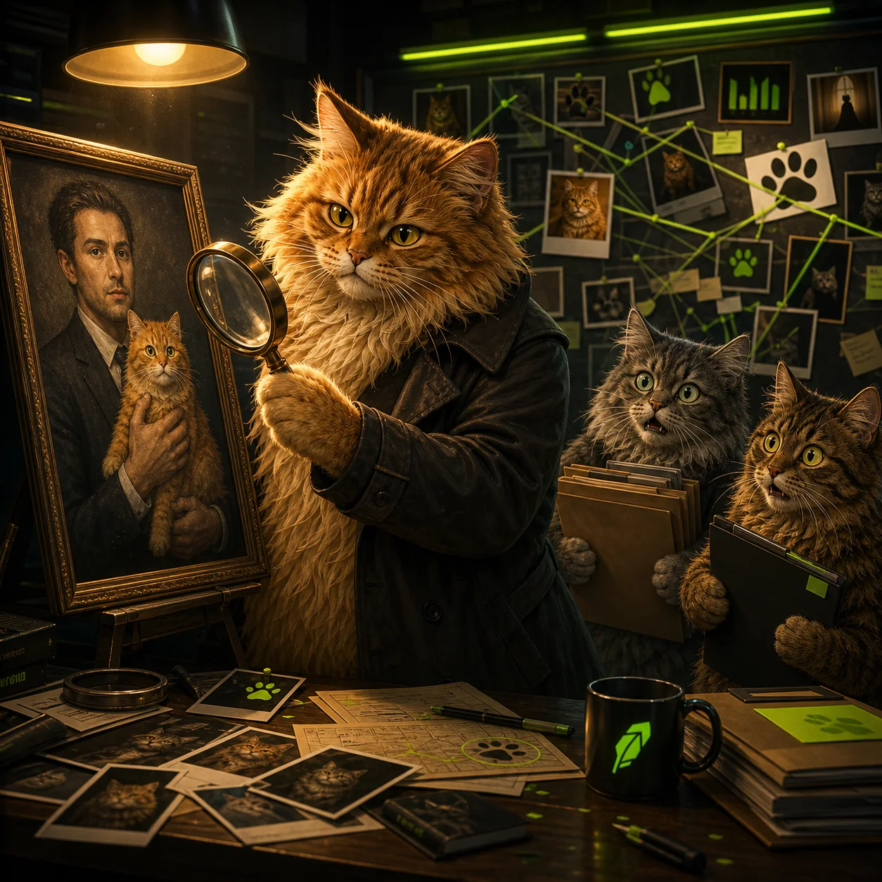 Detective Gus investigating a mysterious cat portrait