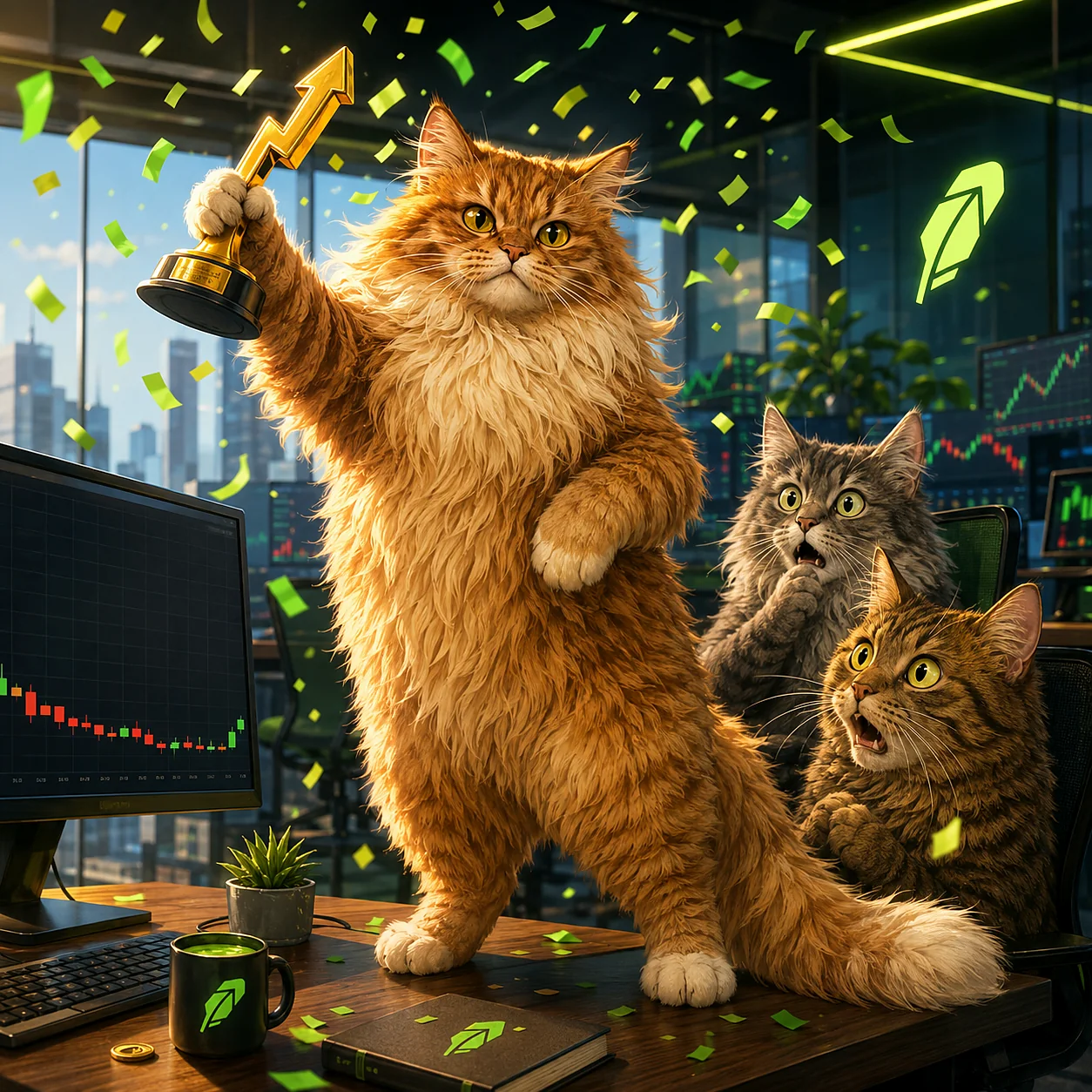 Orange cat celebrating a market victory