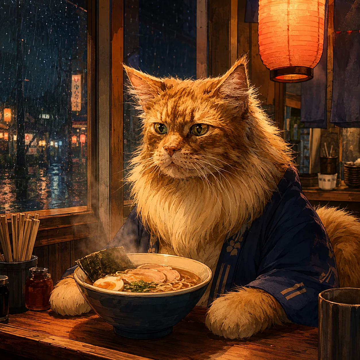 Orange cat eating ramen on a rainy night