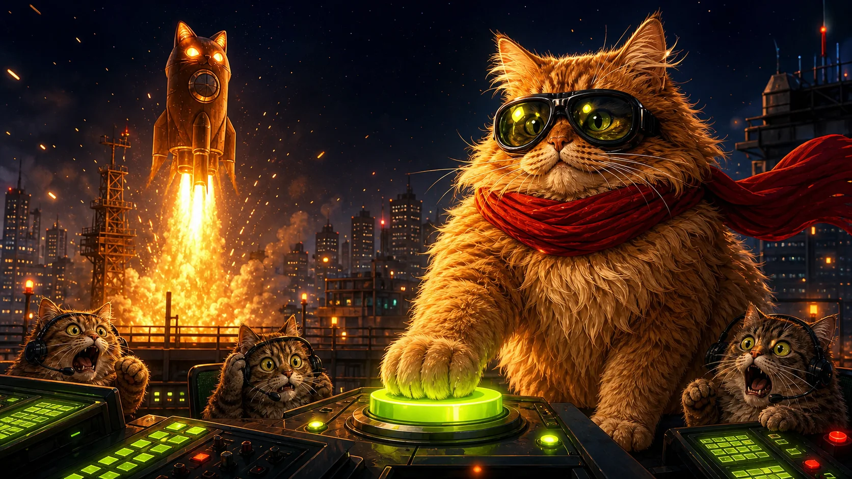 Gus launching a cat-shaped rocket from a rooftop