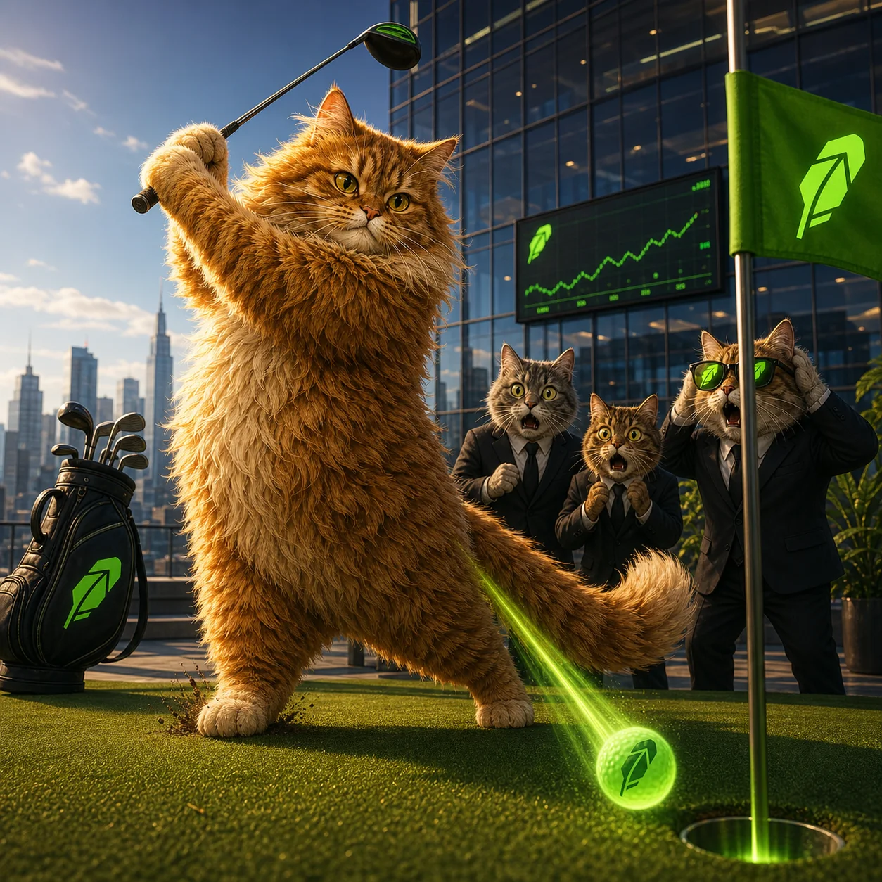 Gus playing rooftop golf in a modern office